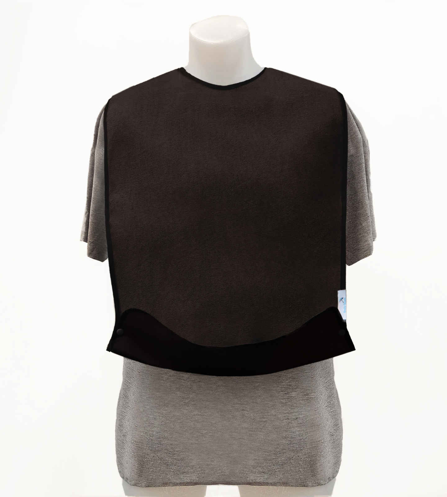 Black adult tray bib folded into tray position.