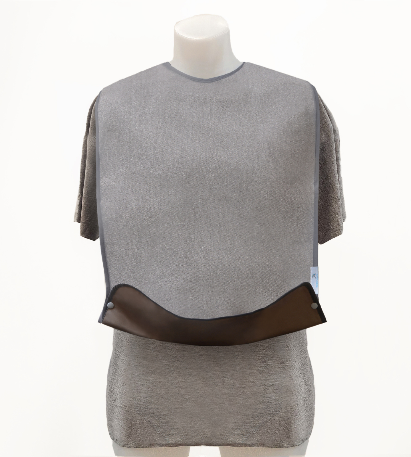 Grey adult tray bib with tray folded up.