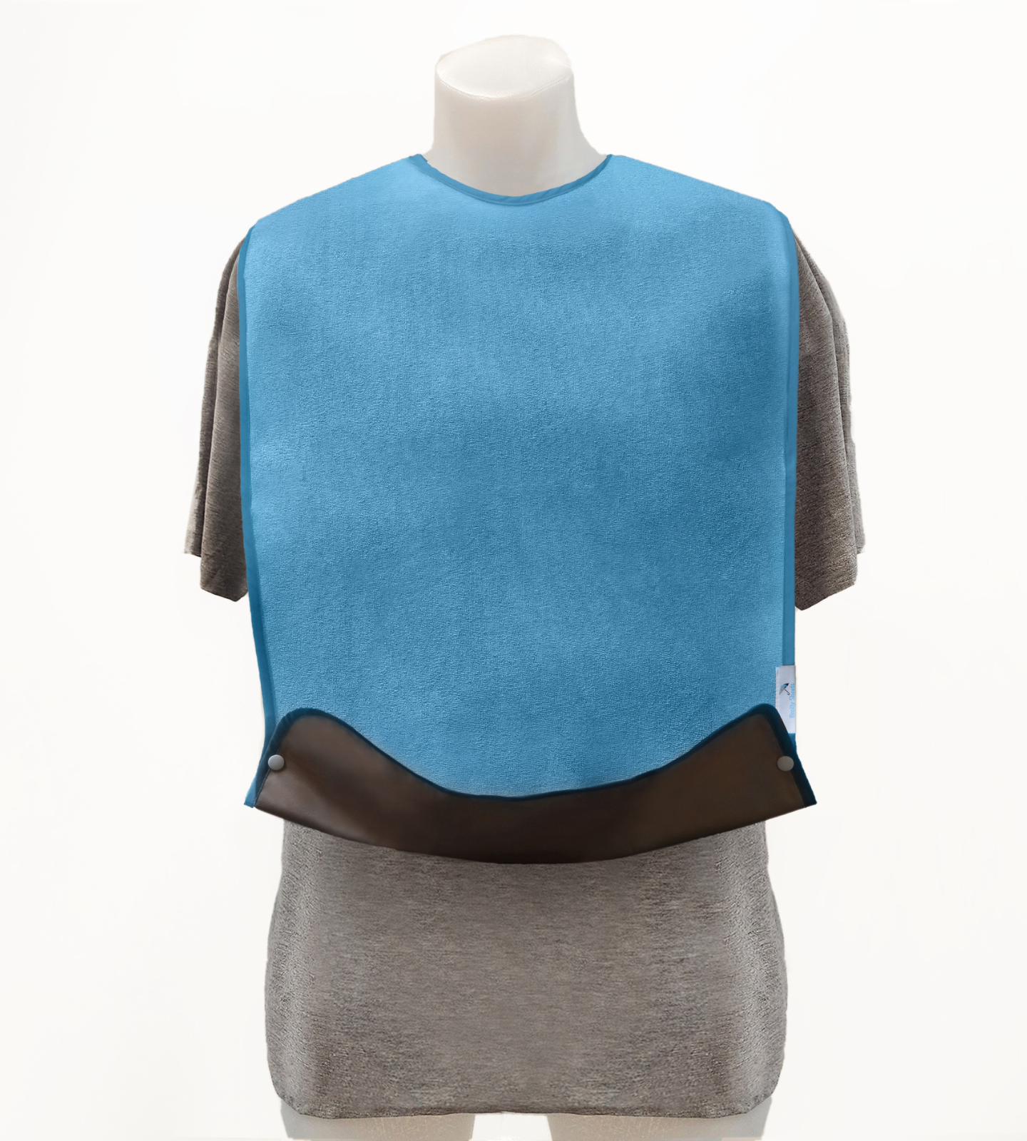 Adult teal tray bib folded into tray position.